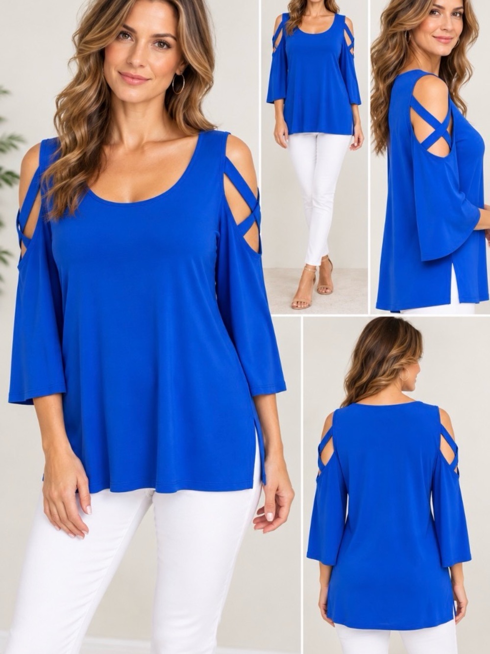 Joseph Ribkoff Cobalt Blue Cold Shoulder Strappy Tunic Top Size 10